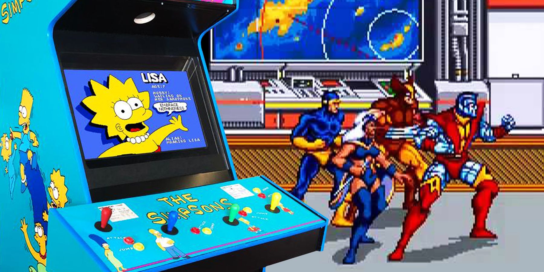 Simpsons: The Arcade Game arcade machine and a screenshot of gameplay from arcade game X-Men