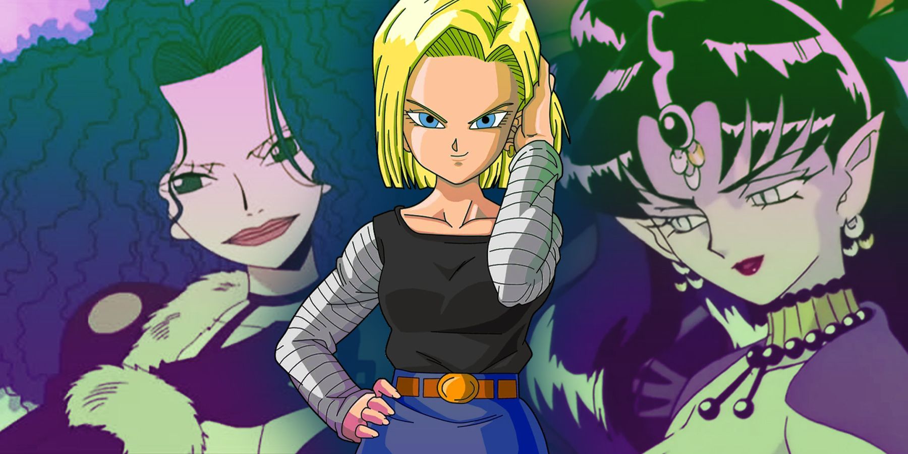 Miss Doublefinger from anime One Piece, Android 18 from Dragon Ball Z, and Nehelenia of anime Sailor Moon