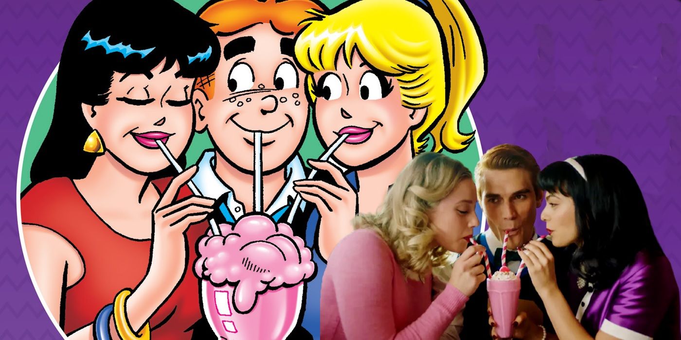 An image of Betty, Archie and Veronica from Archie Comics and the actors from Riverdale