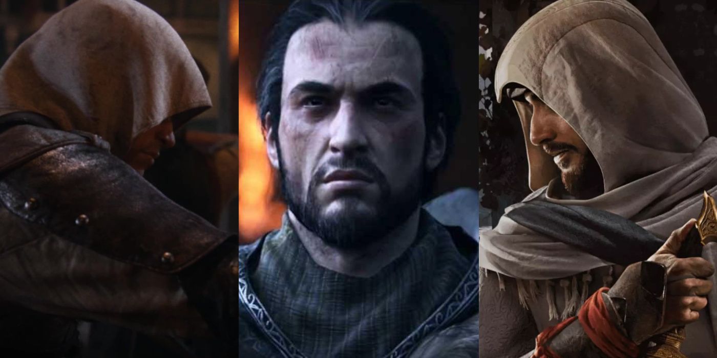 Split image of Edward Kenway, Ezio Auditore, and Basim Ibn Ishaq of the Assassin’s Creed franchise.
