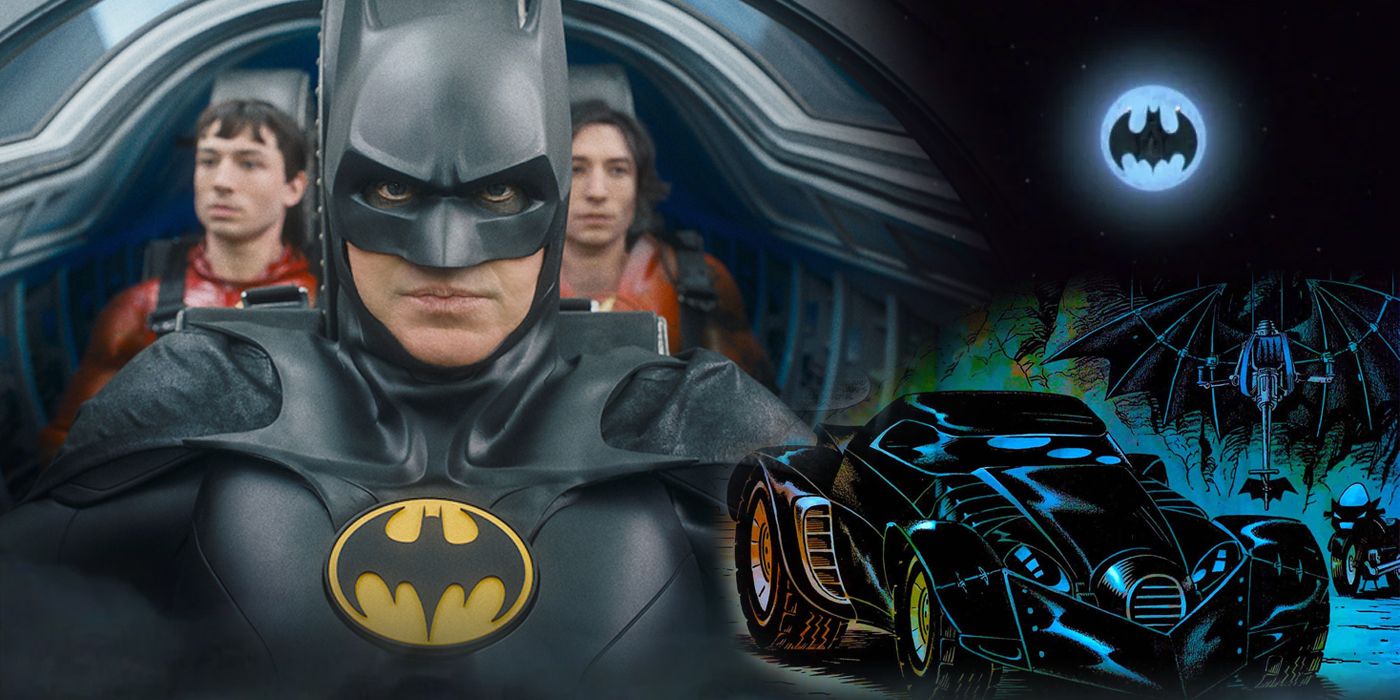 Split image of Michael Keaton as Batman with Barry Allens from The Flash and bat-vehicles from comics and movies