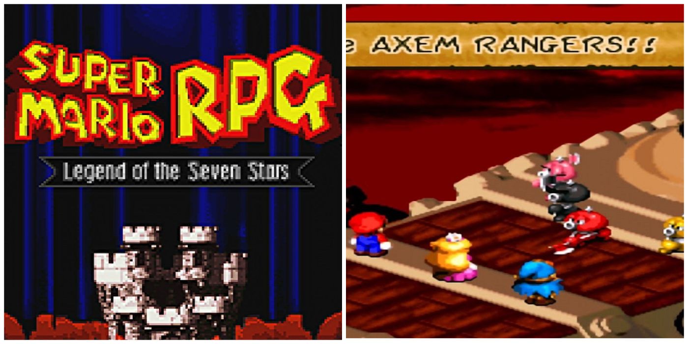 Split image of Super Mario RPG title screen and the Axem Rangers from Super Mario RPG