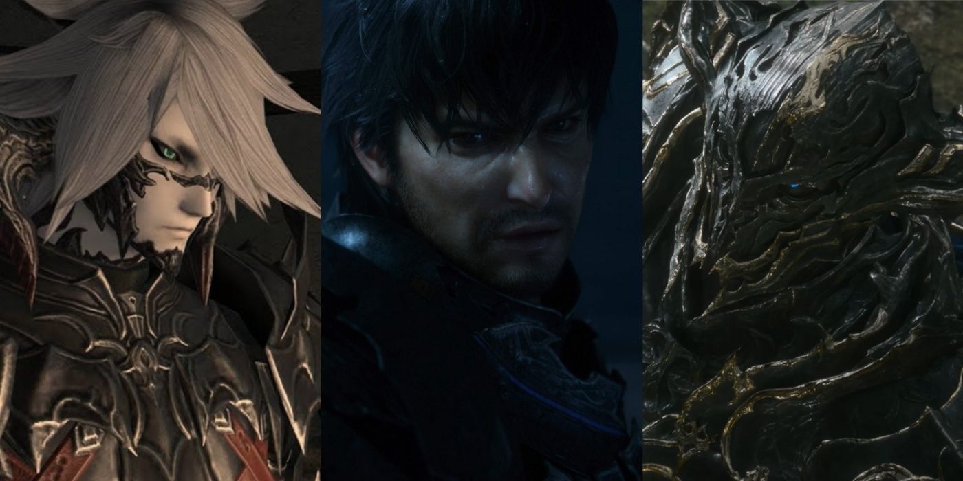 A split image of Sidurgu Orl from Final Fantasy XIV, Barnabas Tharmr from Final Fantasy XVI, and Odin from Final Fantasy XVI.