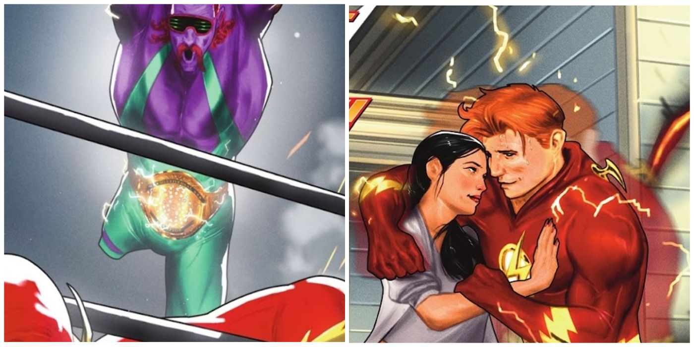 Split image of Omega Bam Man vs The Flash and Wally West and Linda Park-West