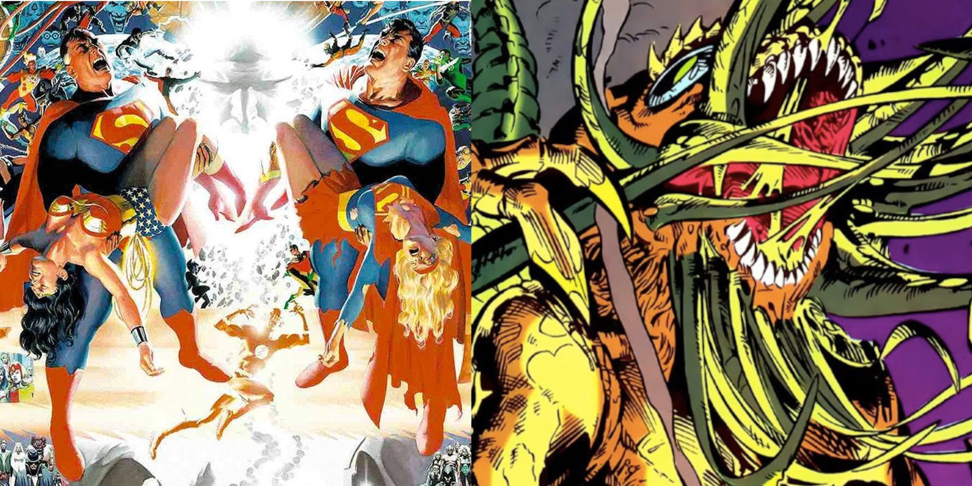 A split image of two different Supermen holding Wonder Woman and Supergirl in Crisis on Infinite Earths and an alien from DC Bloodlines