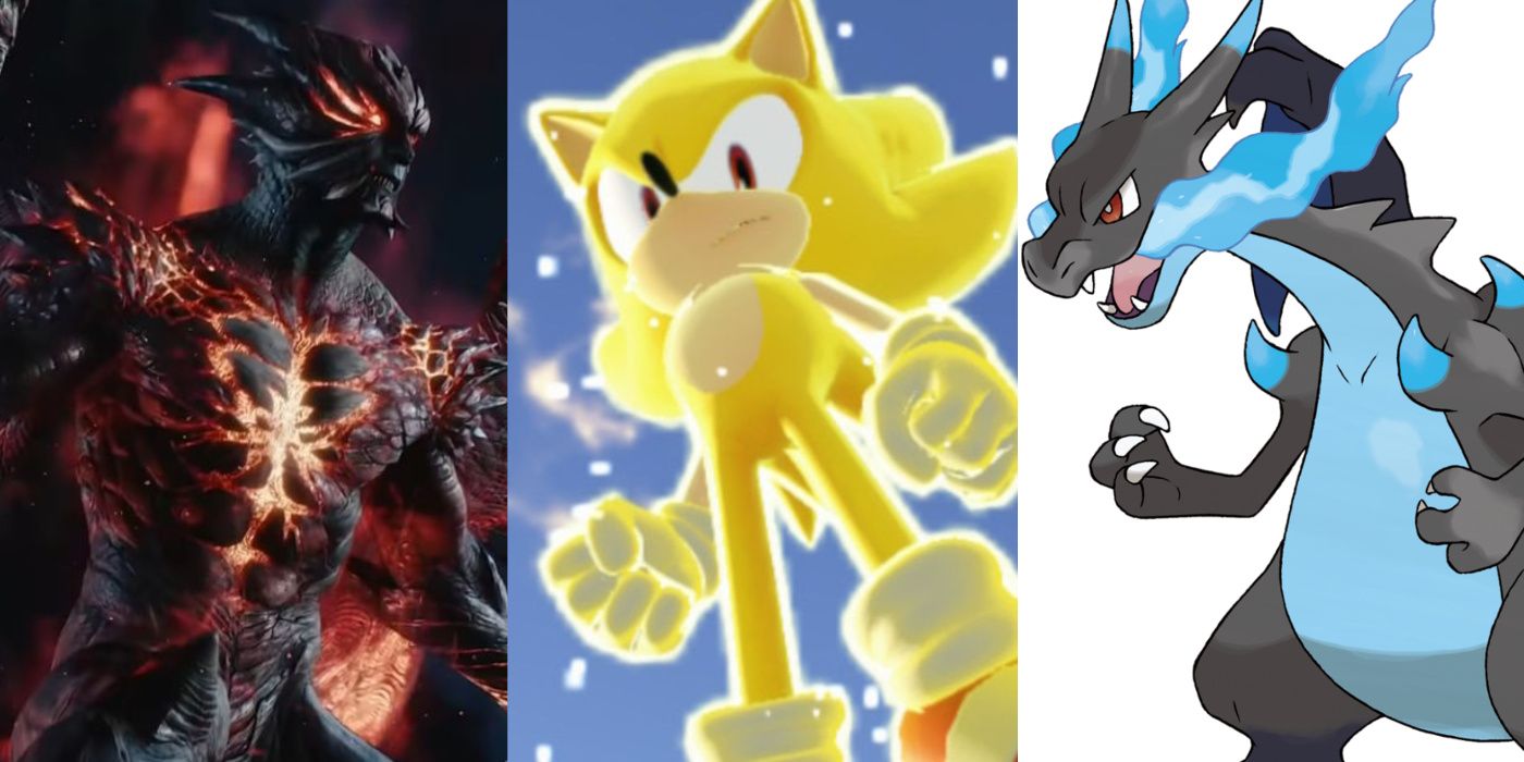 A split image of Dante's Devil Trigger from Devil May Cry 5, Super Sonic from Sonic Frontiers, and Mega Charizard X from Pokemon X