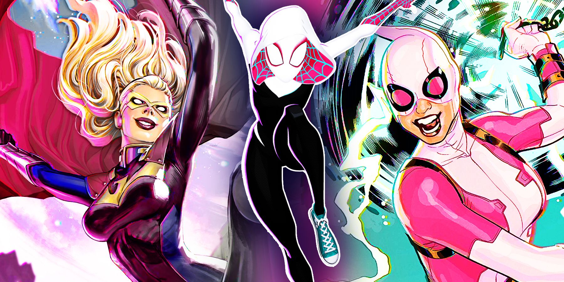 Night-Gwen of comic Heroes Reborn, Spider-Gwen and Gwenpool of Marvel comics