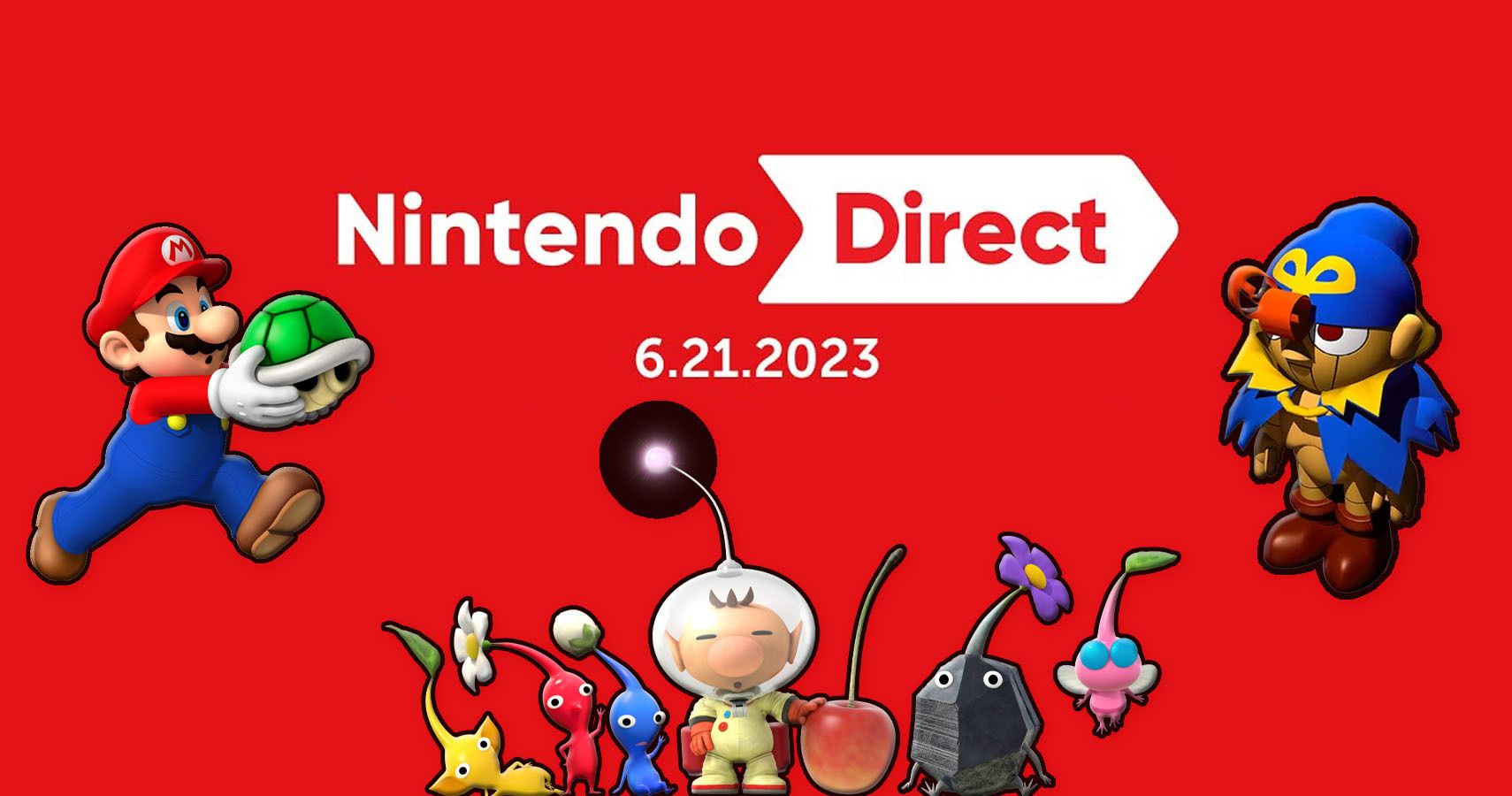 An image featuring Mario holding a shell, the cast of Pikmin, and Geno from Super mario RPG with the Nintendo Direct logo as a background