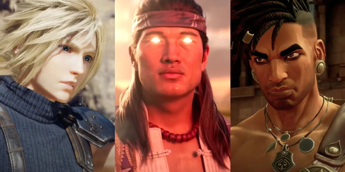 A split image with Cloud from Final Fantasy VII, Liu Kang from Mortal Kombat 1, and Sargon from Prince of Persia: The Lost Crown