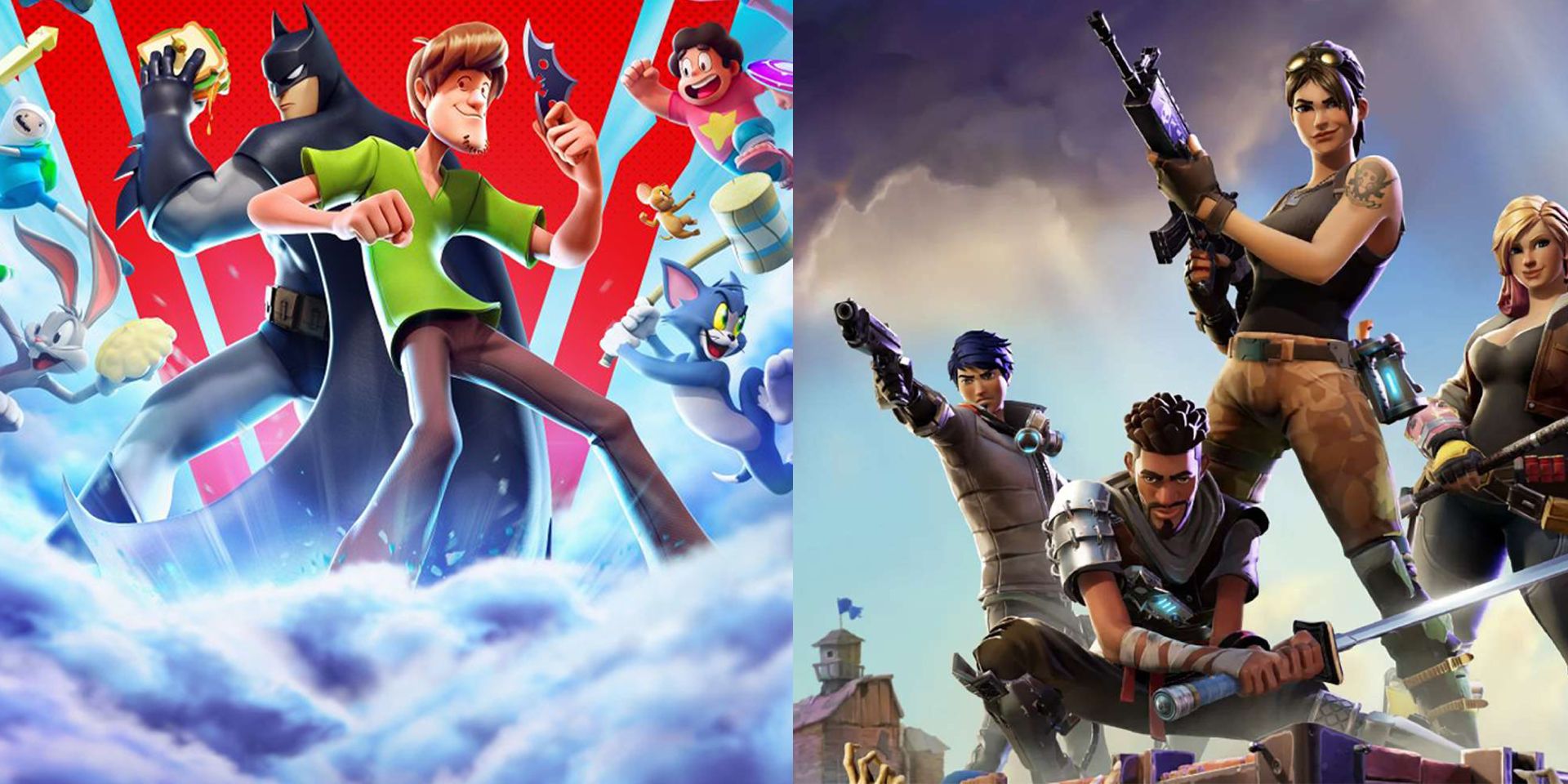A split image of promo art for MultiVersus and for Fortnite