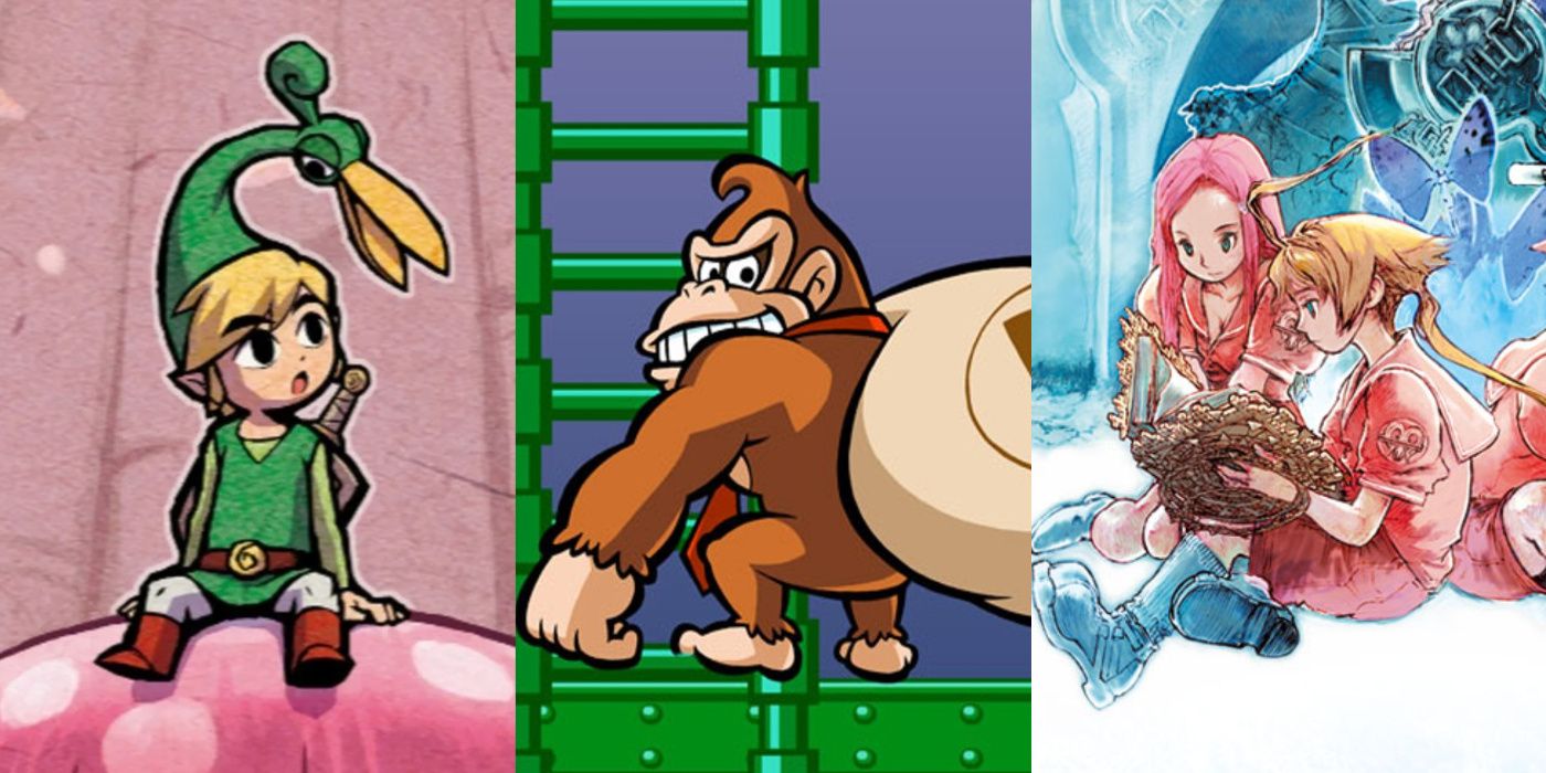 A split image of Link and Ezlo from The Legend Of Zelda: The Minish Cap, Donkey Kong from Mario Vs. Donkey Kong, and Marche and Ritz from Final Fantasy Tactics Advance