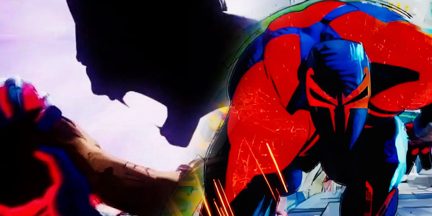 Spider-Man 2099 from Across the Spider-Verse with a vampirized Miguel O'Hara in the background