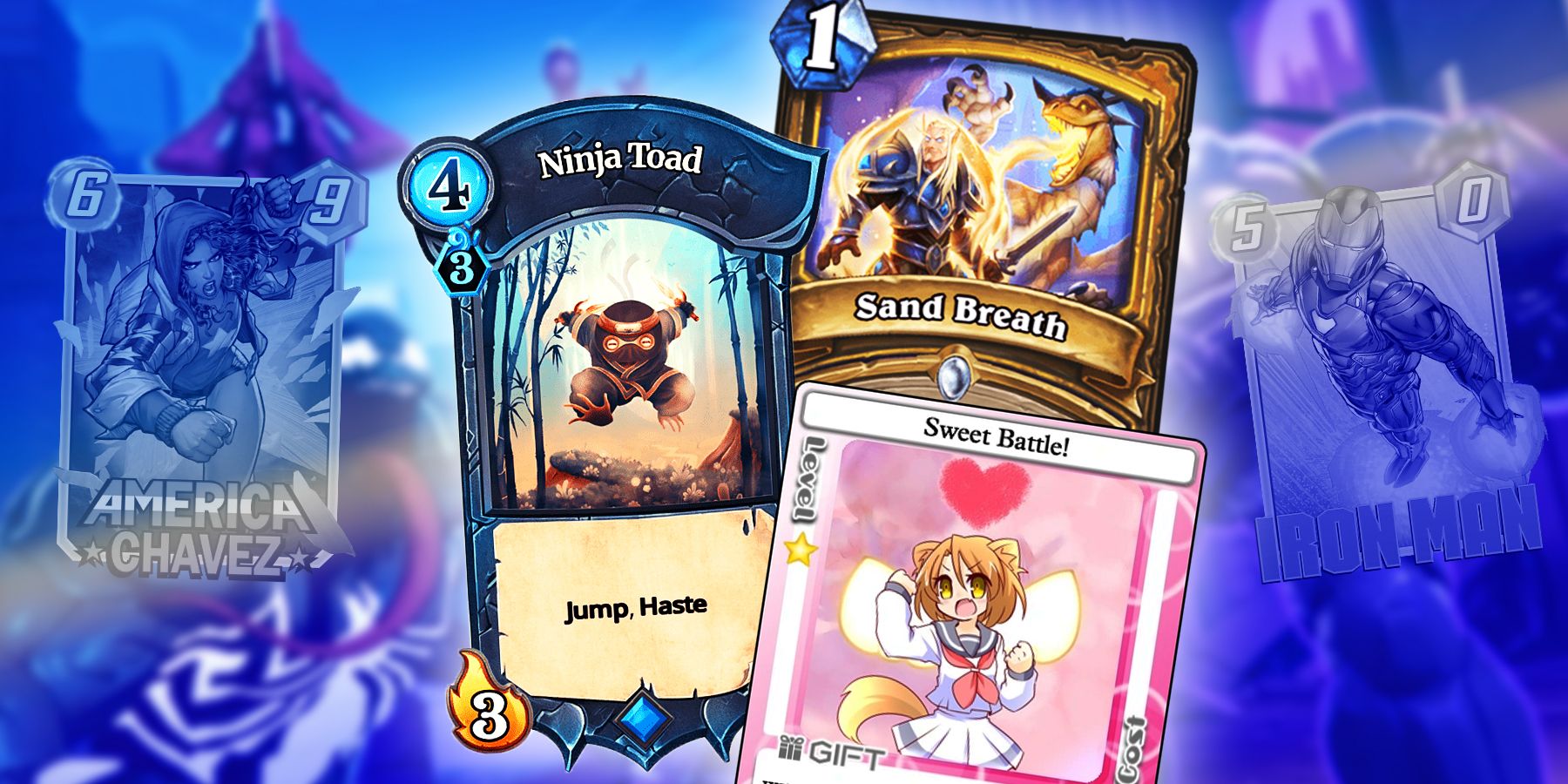 A Ninja Toad card from game Faeria, a Sand Breath card from Hearthstone and a Sweet Battle! card from game 100% Orange Juice 
