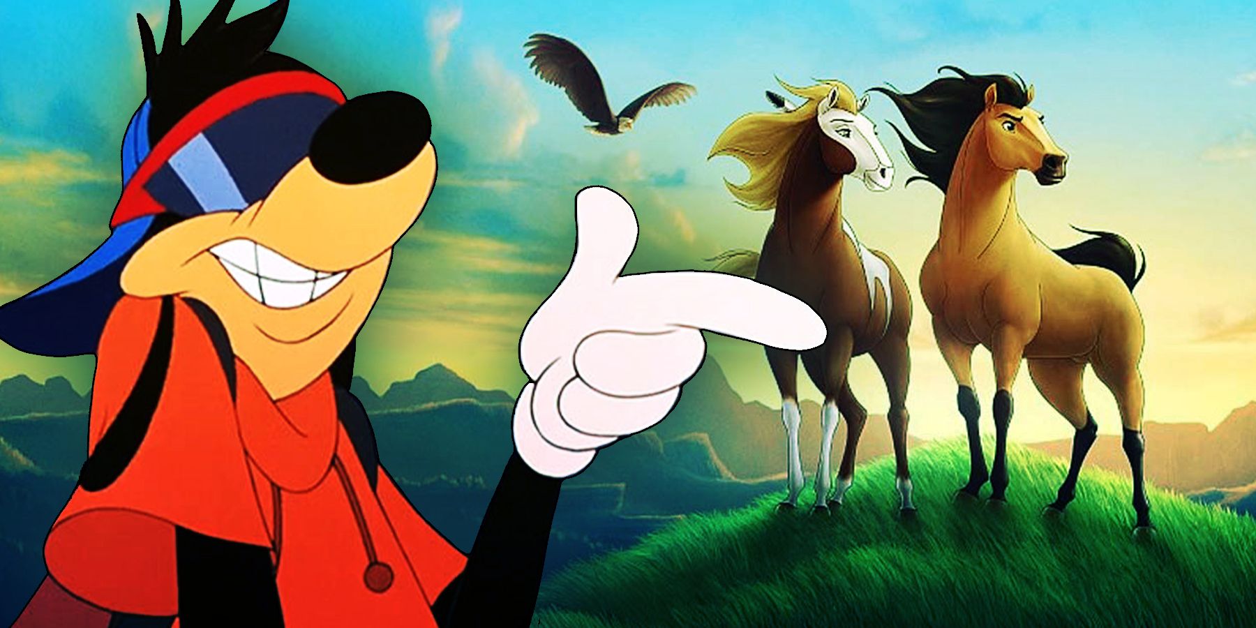 Max Goof from A Goofy Movie and horses Rain and Spirit from movie Spirit: Stallion of the Cimarron
