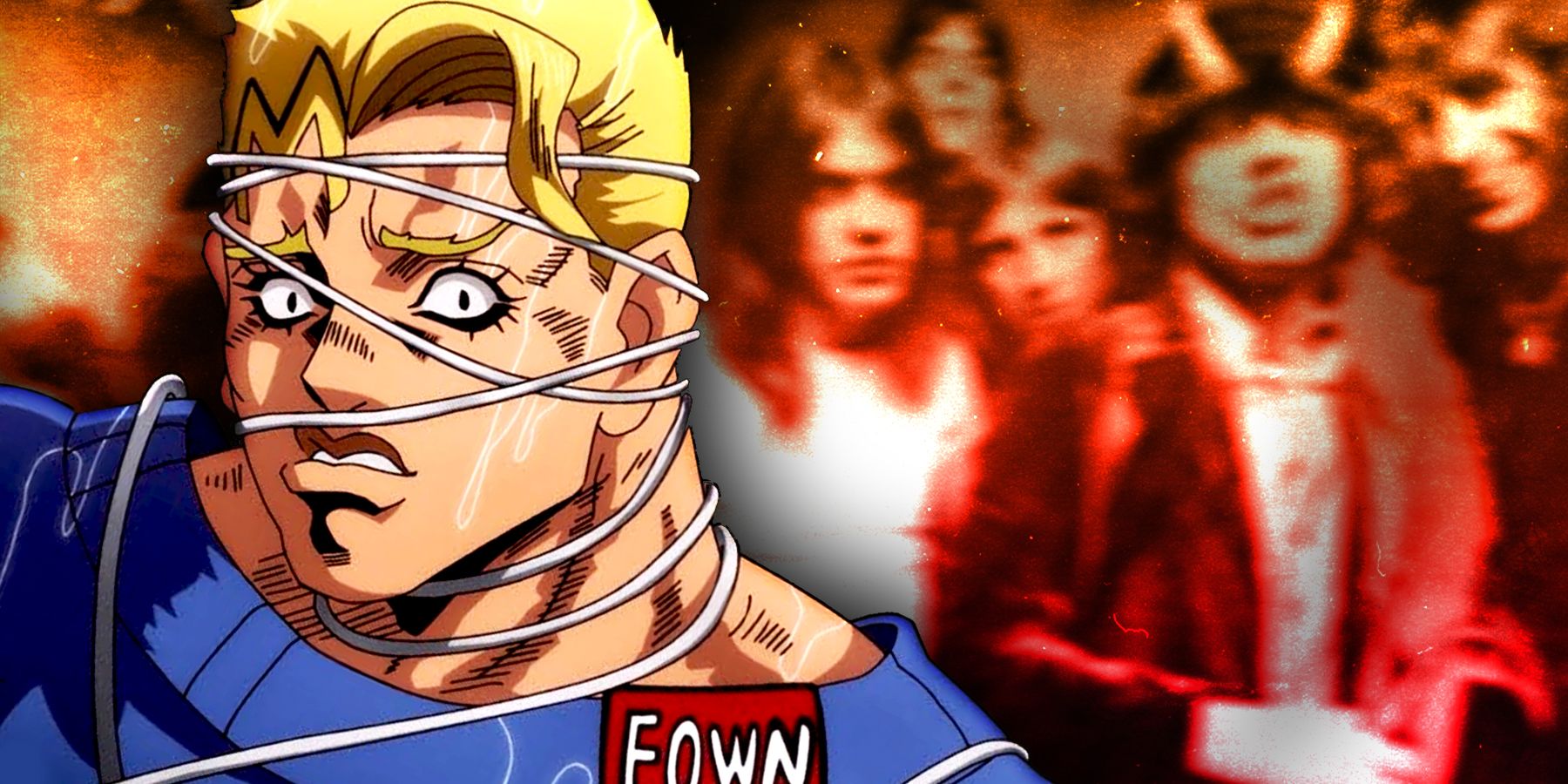 Thunder McQueen of JoJo's Bizarre Adventure in front of a blurred group shot of band ACDC
