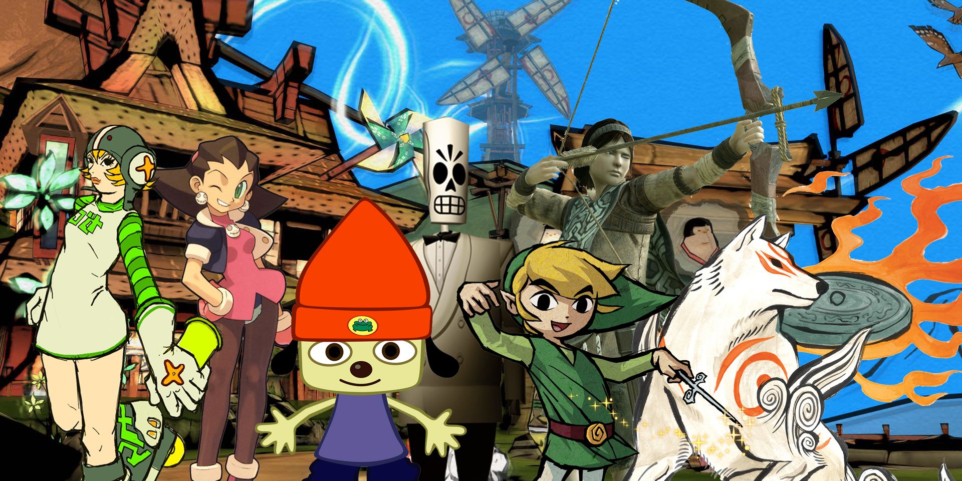 A collage of characters from 3D Video Games, including Link, Mega Man, and Grim Fandango