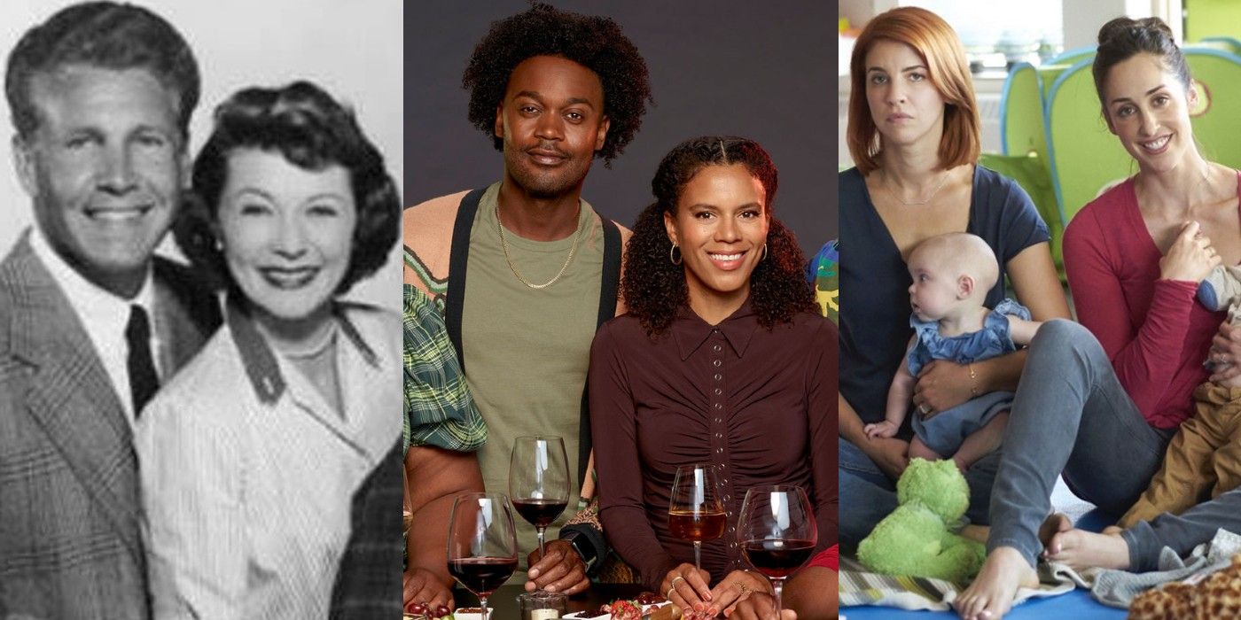10 Most Underrated TV Comedies And Where To Stream Them Feature Image: Ozzie and Harriet are on the left, Noah and Fay from Grand Crew are in the middle, and Anne and Kate from Working Moms are on the right with babies in their laps