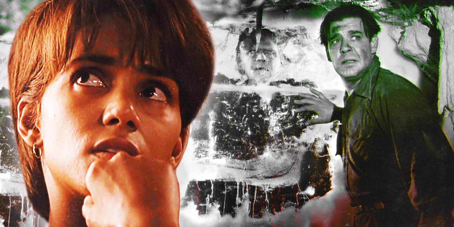 Halle Berry as Leticia Musgrove in movie Monster's Ball, and Lawrence Talbot and the Frankenstein monster frozen in a wall of ice from 1943's Frankenstein Meets the Wolfman