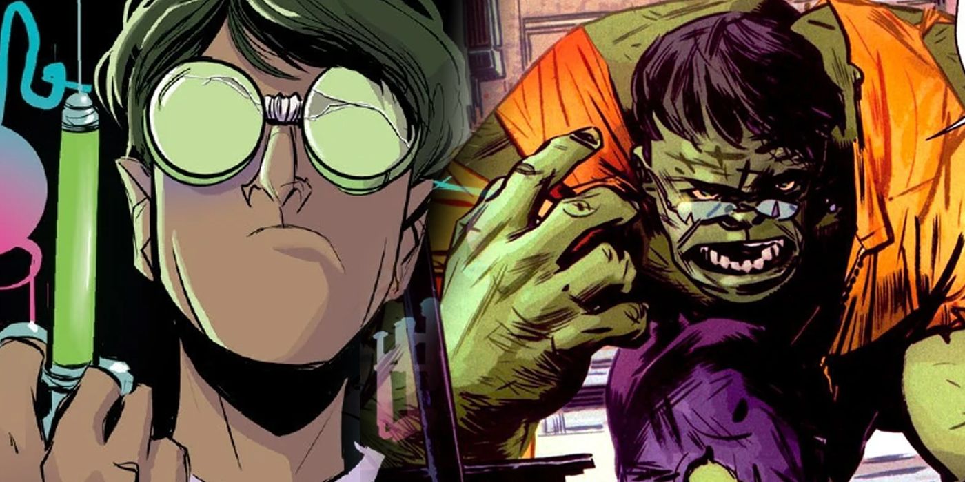 Split image of Earth-65's Peter Parker with the Lizard serum and Parker as the Hulk from Bullet Points
