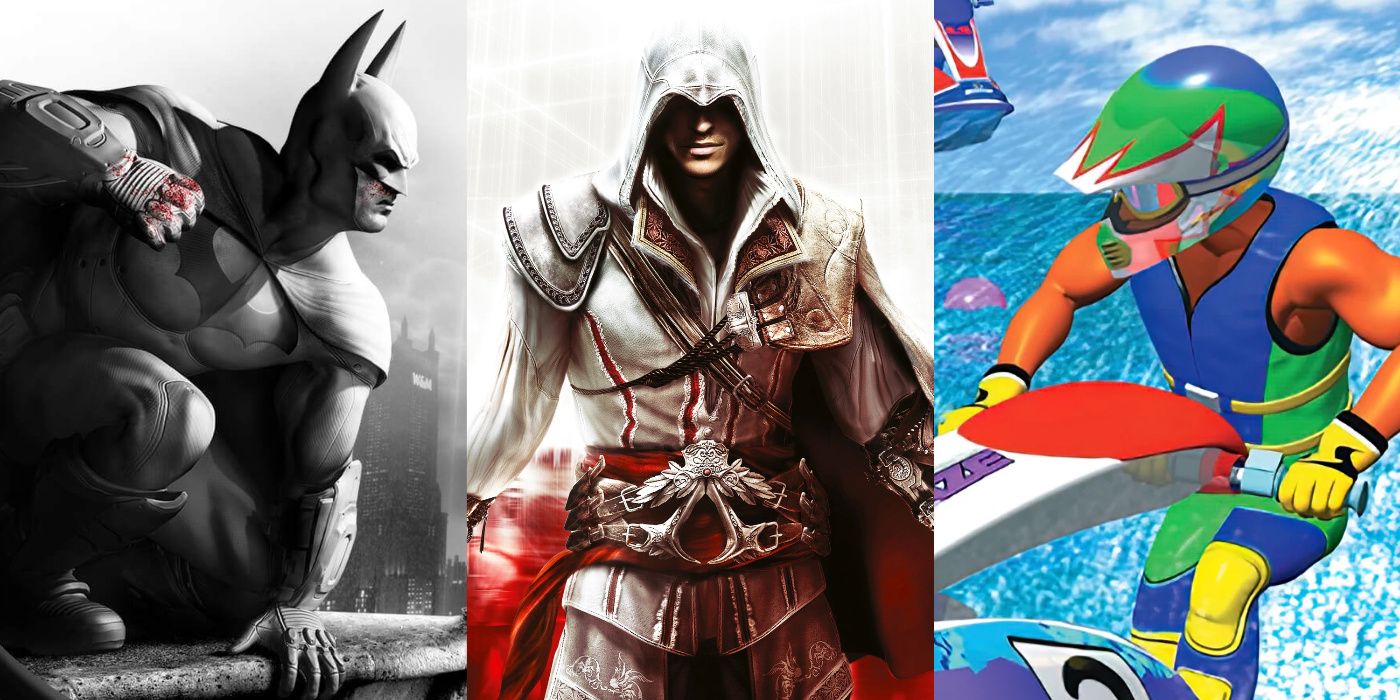 A split image of Batman from Batman: Arkham City, Ezio Auditore from Assassin's Creed II, and Ryota Hayami from Wave Race 64