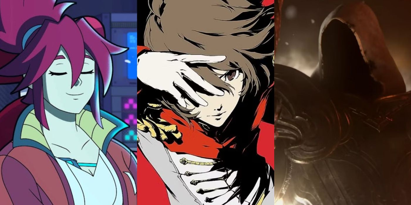 A split image of Korsica from Hi-Fi RUSH, Goro Akechi from Persona 5, and Inarius from Diablo 4