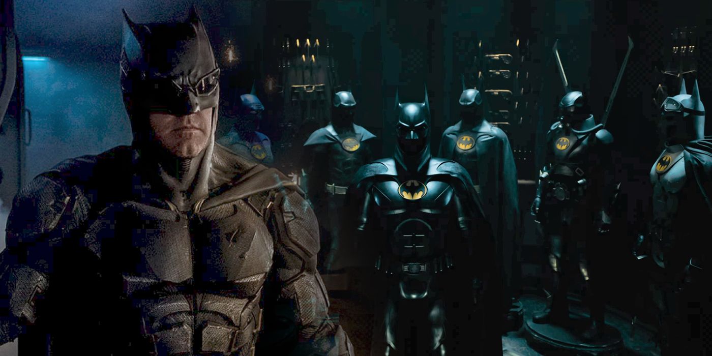 Ben Affleck's tactical Batman suit with Michael Keaton's vault of costumes from The Flash in the background