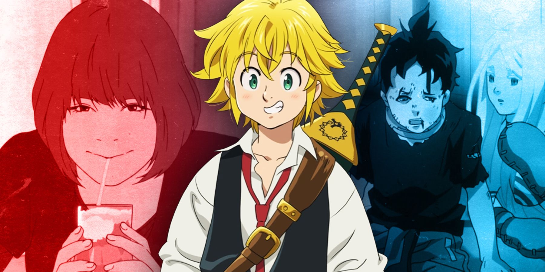 Sawa Nakamura of anime Flowers of Evil, Meliodas of anime Seven Deadly Sins, and Shiro and Ganta of Deadman Wonderland