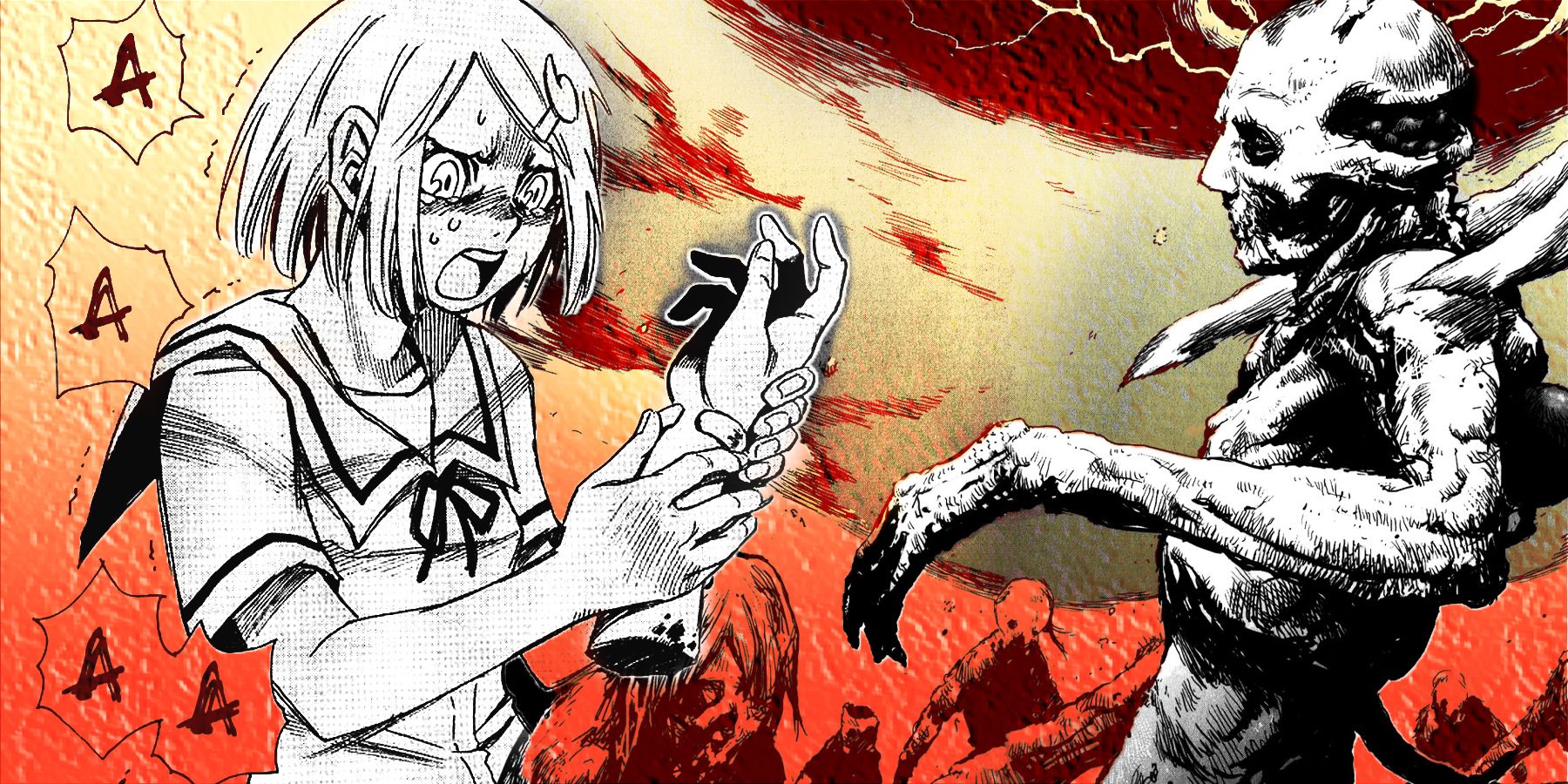 An illustration of a girl screaming at a severed hand from the manga Cradle of Monsters and zombies from manga Biomega