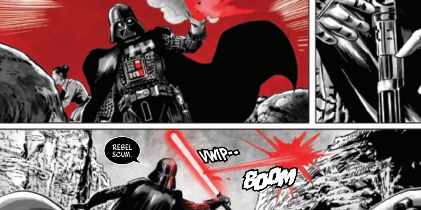 Star Wars tem Darth Vader atacando rebeldes com seu sabre de luz vermelho