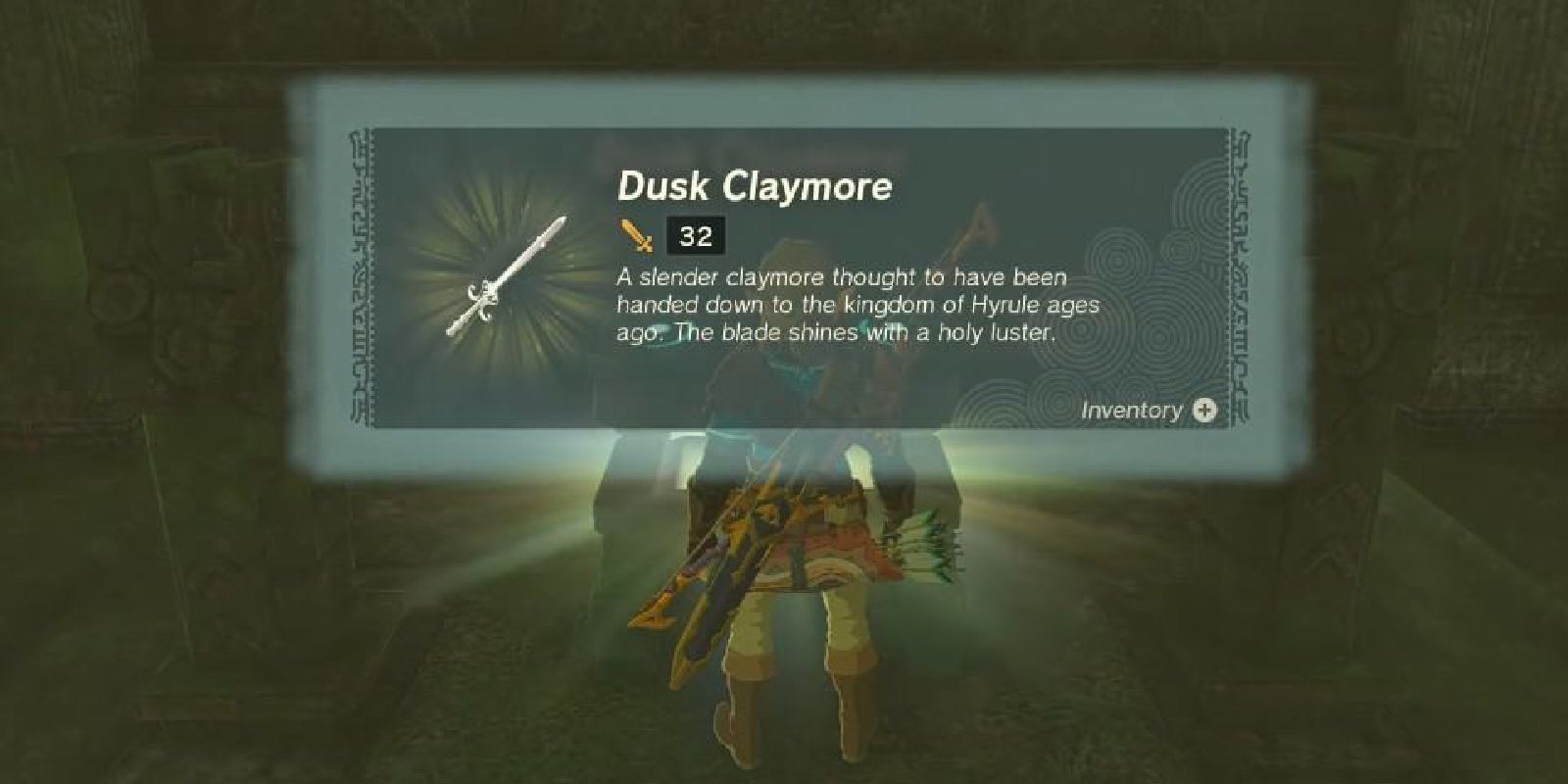 Link recebendo o Dusk Claymore na lenda de Zelda Lágrimas do Reino