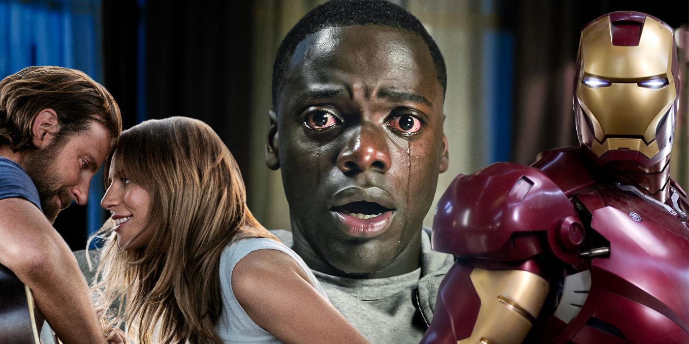 A combined image of A Star is Born, Get Out, and the MCU's Iron Man