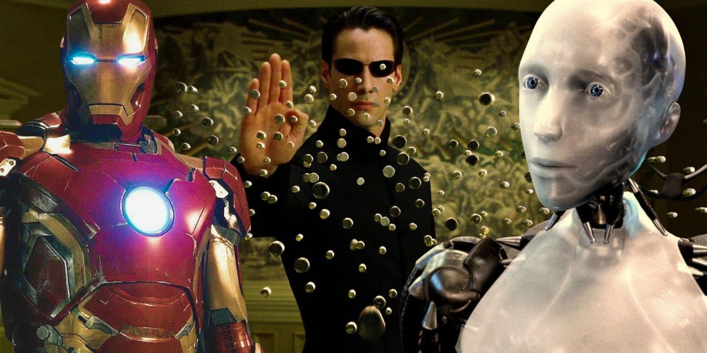 A combined image of Avengers: Age of Ultron, The Matrix, and I, Robot