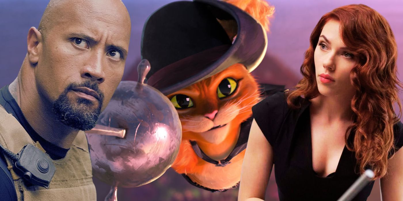 A combined image of Luke Hobbs in Fast Five, Puss in Boots in The Last Wish, and Natasha Ramanoff in Iron Man 2