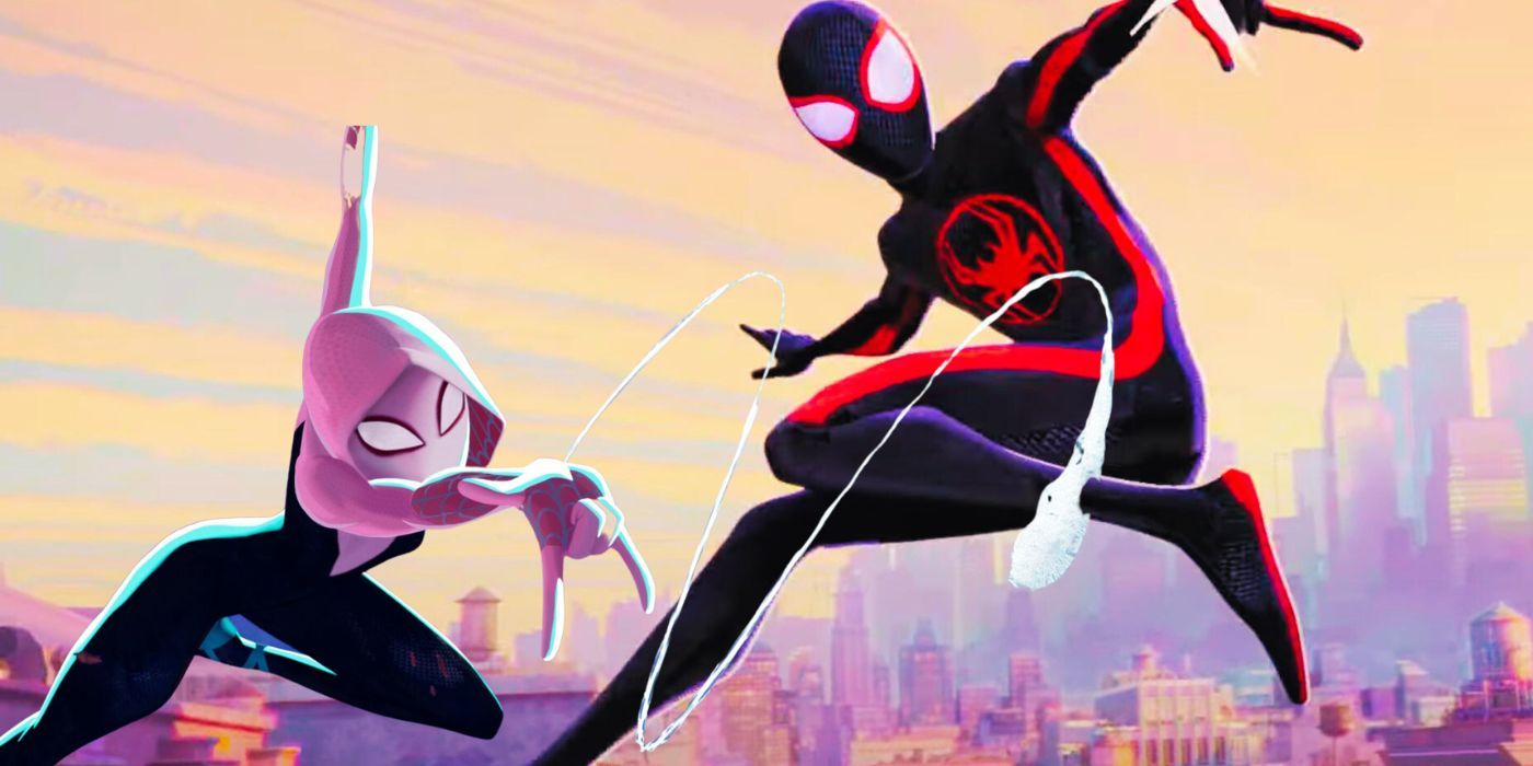 A combined image of Miles Morales's Spider-Man and Gwen as Spider-Woman in Across the Spider-Verse