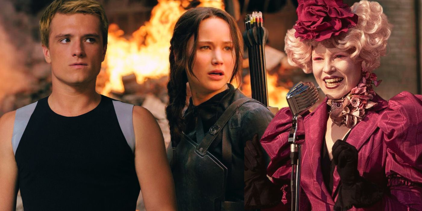 A combined image of Peeta, Katniss Everdeen, and Effie in The Hunger Games movies