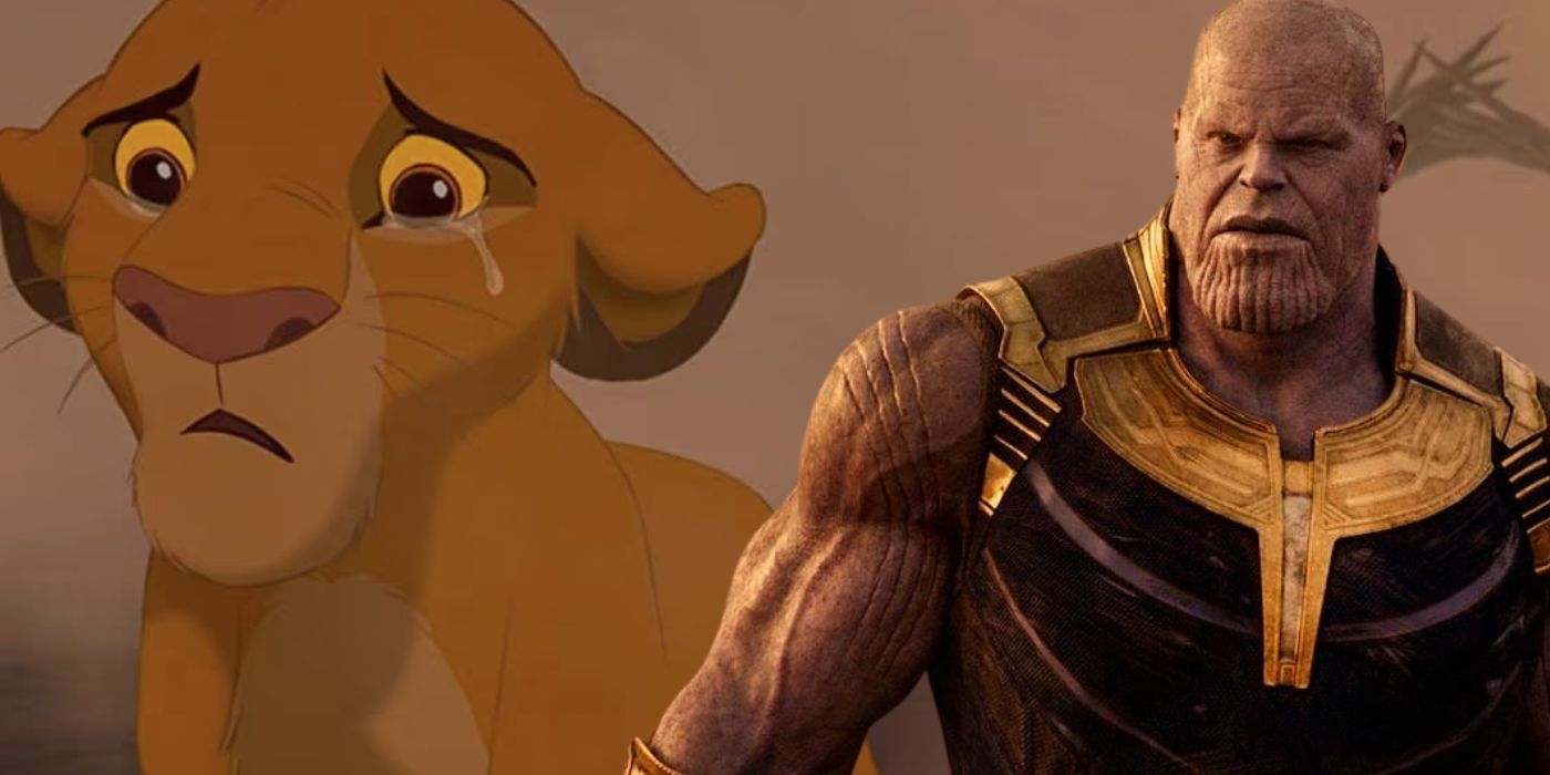 A combined image of Simba in The Lion King and Thanos in the MCU's Avengers: Infinity War