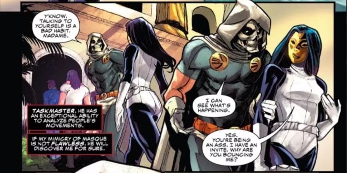 A pair of panels feature Taskmaster and Black Widow in her Madame Masque disguise