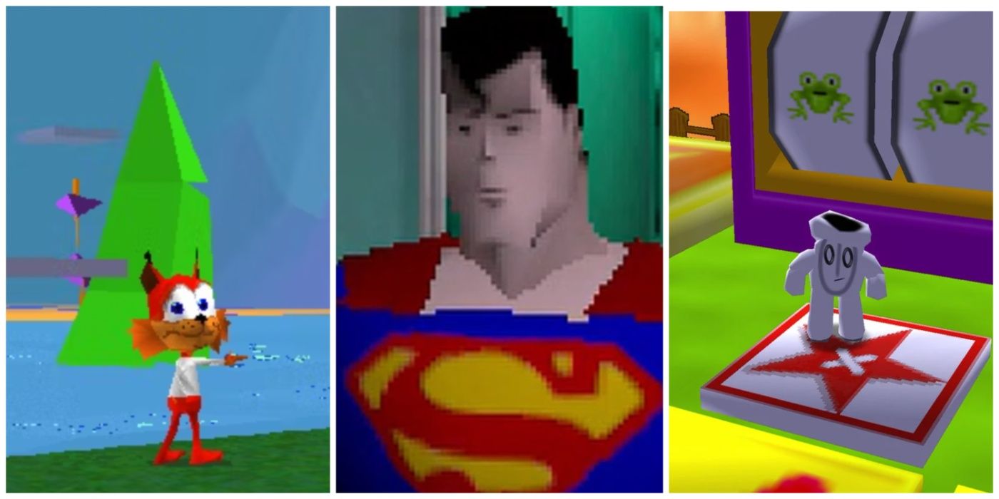 A split image of Bubsy 3D, Superman 64, and Glover from Nintendo 64 and PS1