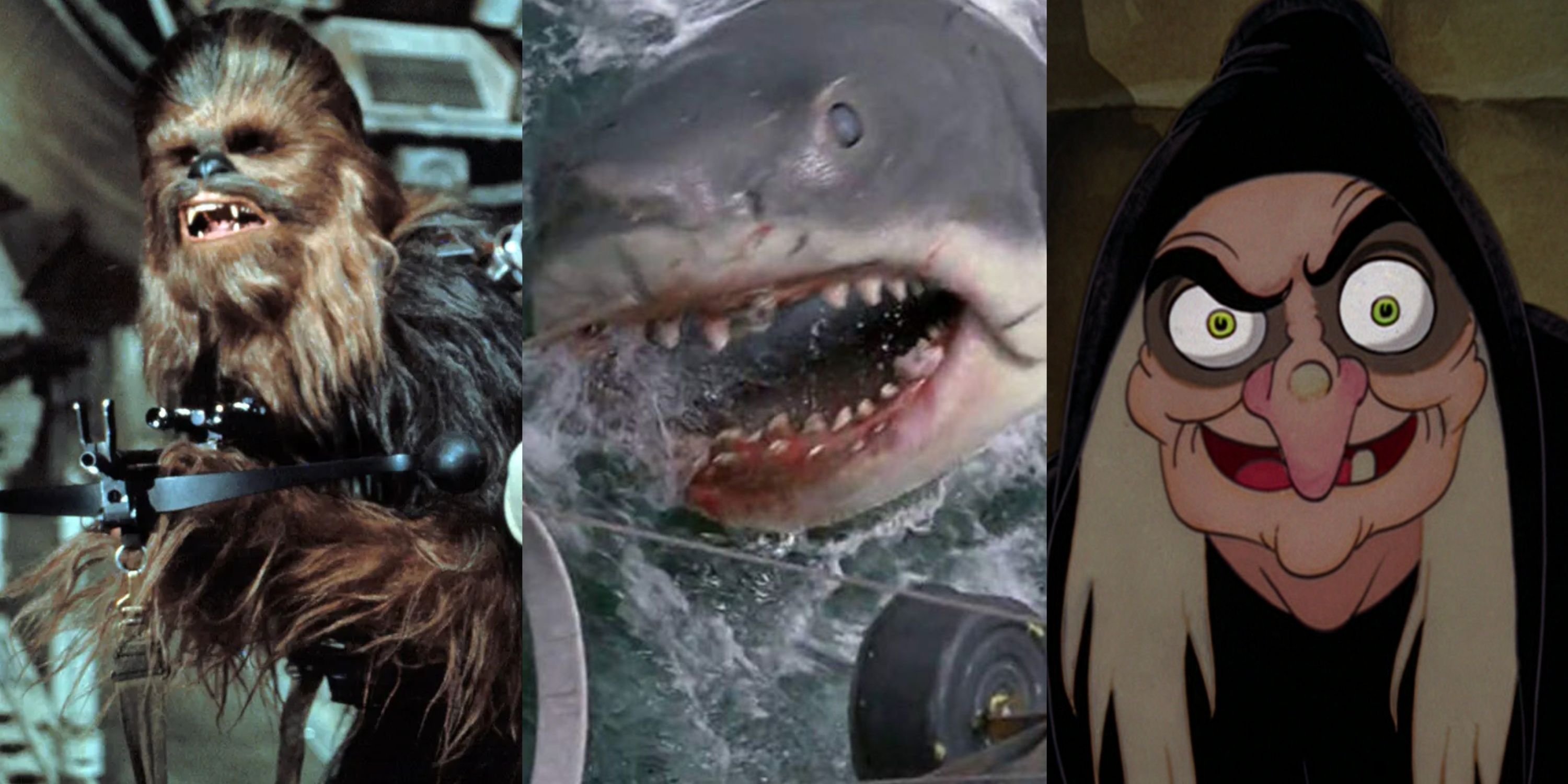 Split image of Star Wars' Chewbacca, Jaws' shark, and Snow White and the Seven Dwarfs' Queen