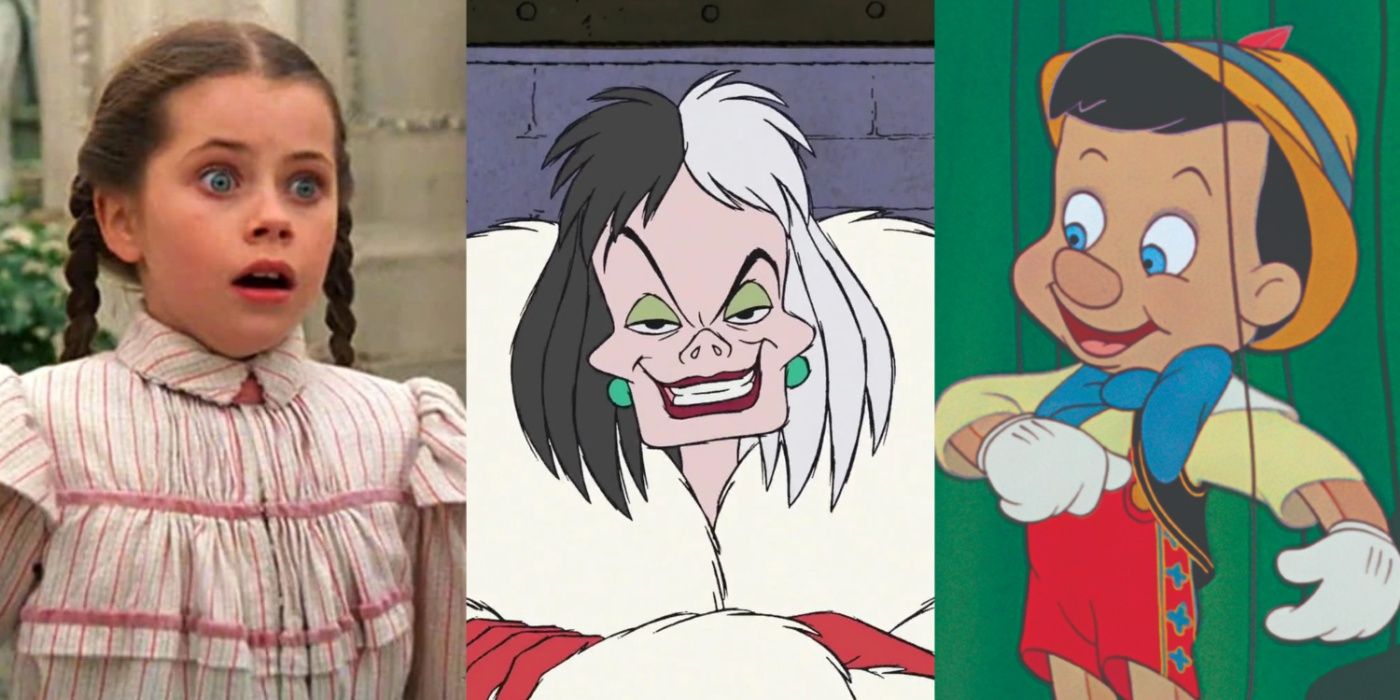A split image of Dorothy from Return to Oz, Cruella de Vil from 101 Dalmatians, and Pinocchio