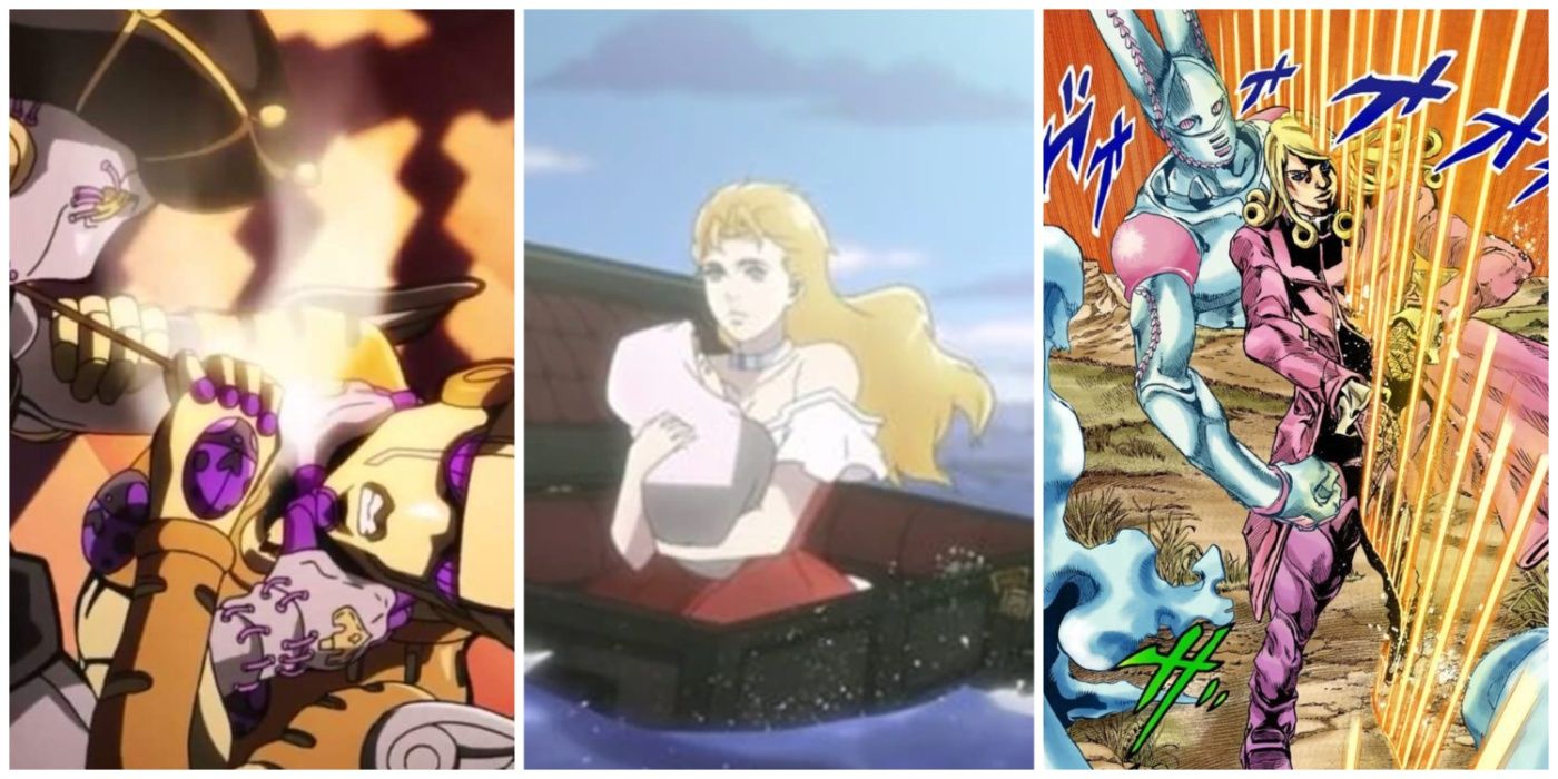 A split image of Gold Requiem stabbed by a Stand Arrow, Irina in DIO's coffin, and D4C from JoJo's Bizarre Adventure