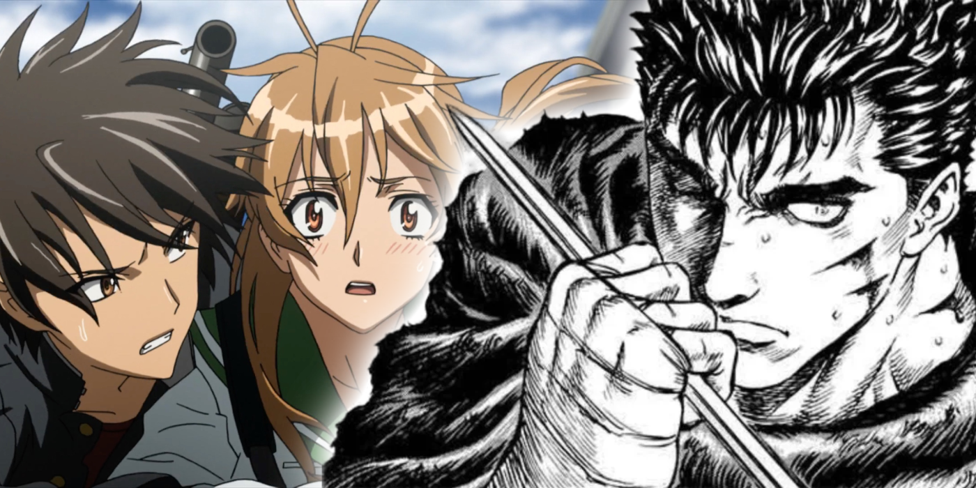 A split image of guts from berserk and two characters from highschool of the dead