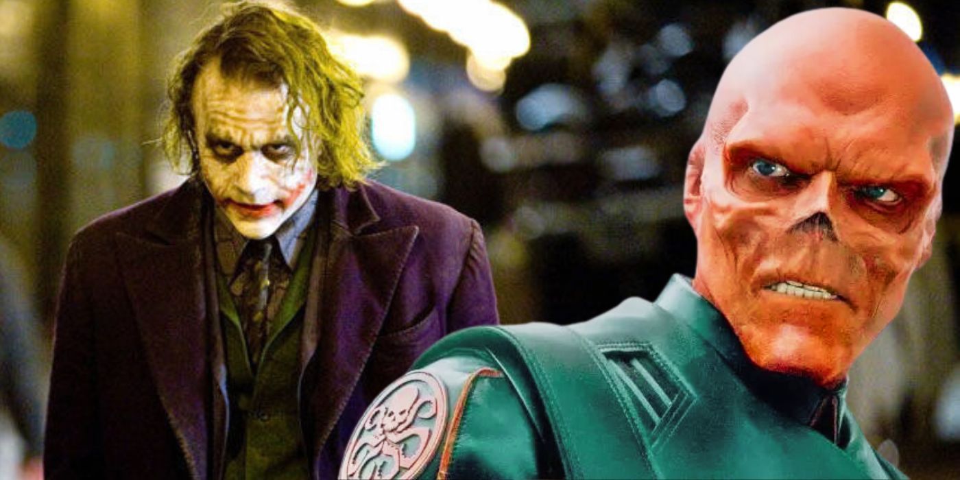 A split image of Heath Ledger's Joker in The Dark Knight and The Red Skull in Captain America: The First Avenger
