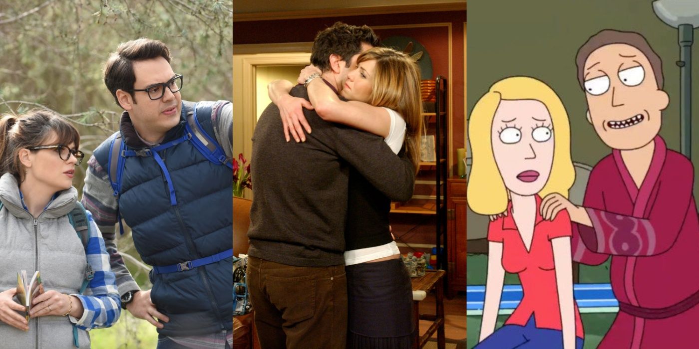 A split image of Jess and Robby in New Girl, Rachel and Ross in Friends, and Beth and Jerry in Rick and Morty