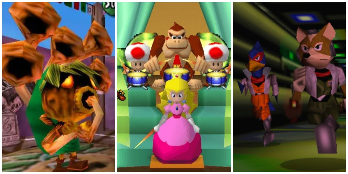 A split image of Majora's Mask, Mario Party 2, and Star Fox 64 for the Nintendo 64