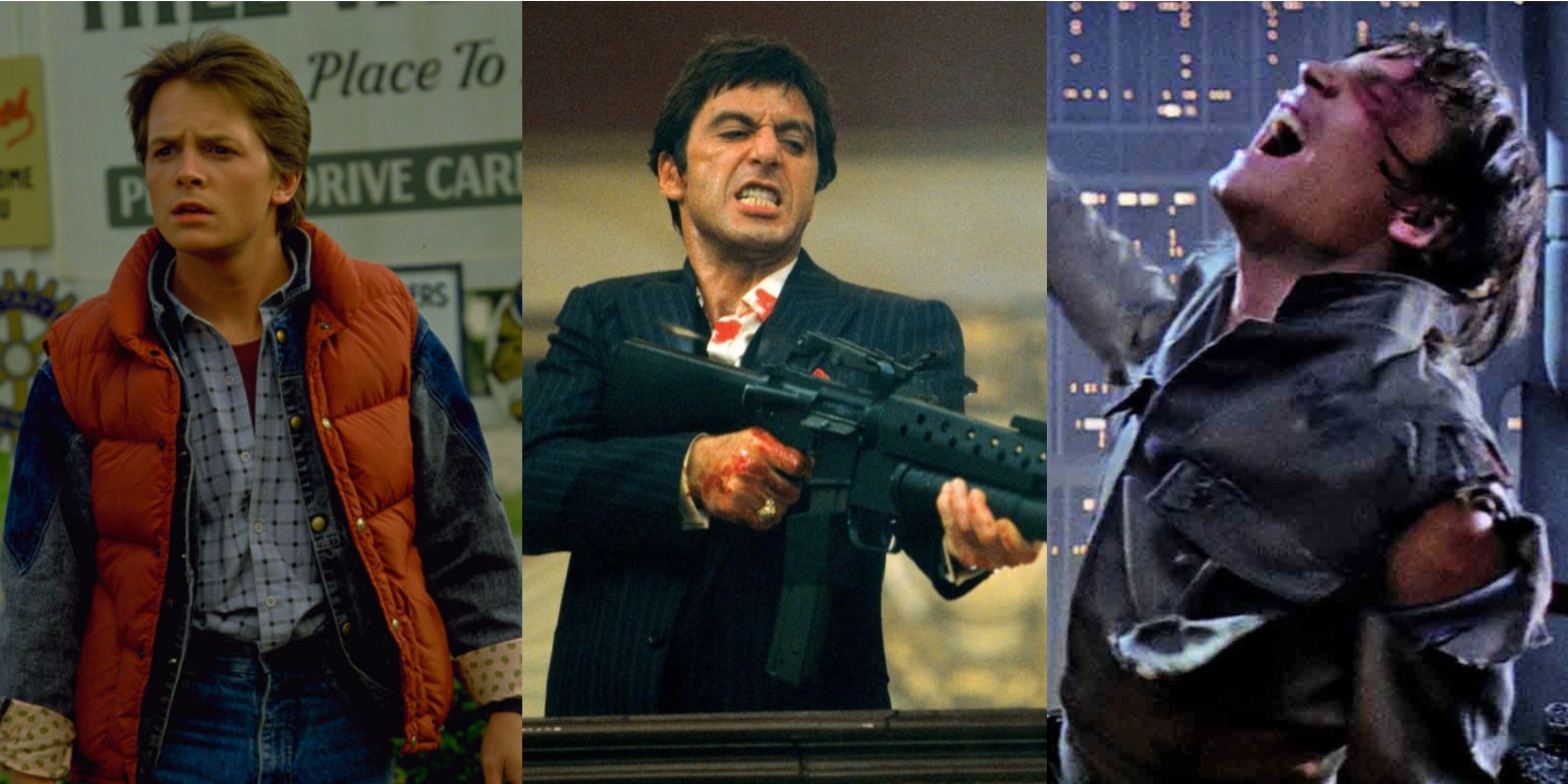 A split image of Michael J Fox in Back to the Future, Al Pacino in Scarface, and Mark Hamill in The Empire Strikes Back