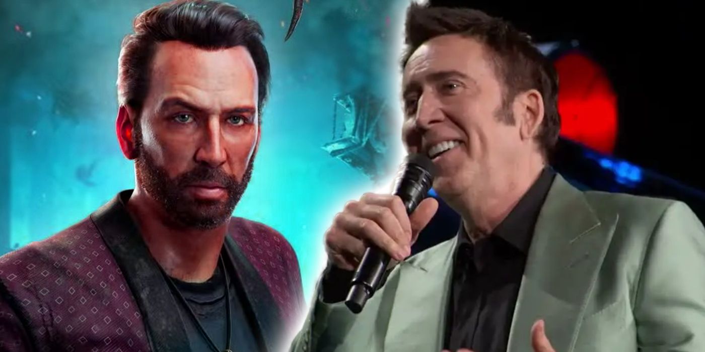 A split image of nicholas cage in dead by daylight and nicholas cage at the summer games fest