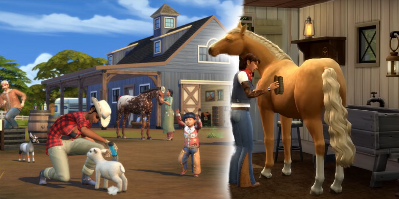 A split image of sims having a ranch party and a sim grooming her horse
