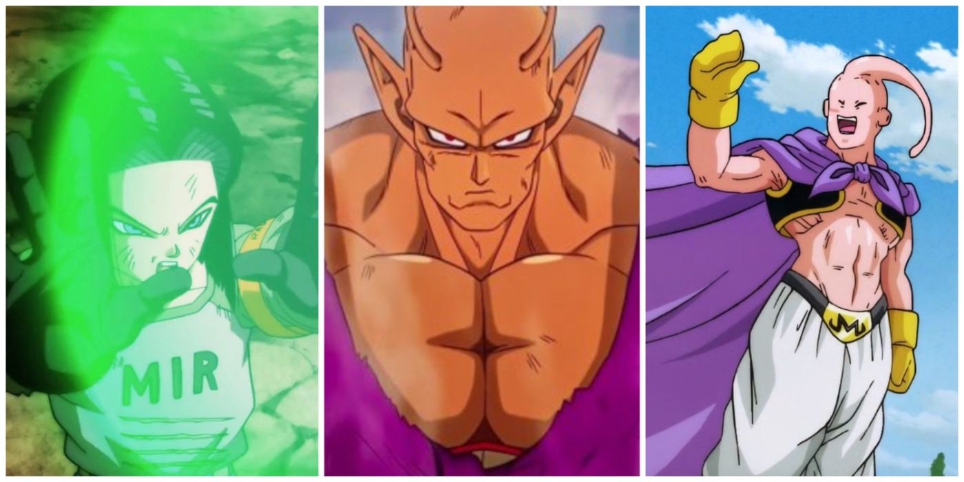 A split image of skinny Buu, Orange Piccolo, and Android 17 from Dragon Ball