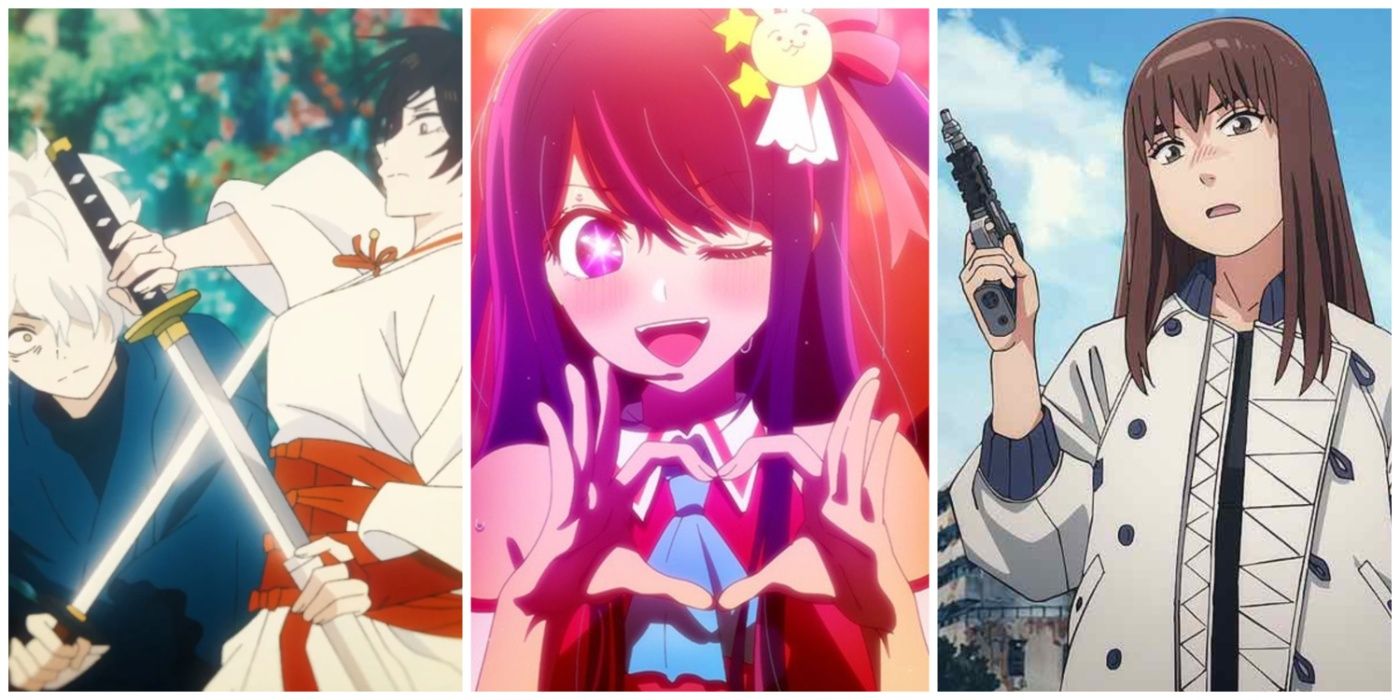 A split image of spring 2023 anime Hell's Paradise, Oshi no Ko, and Heavenly Delusion